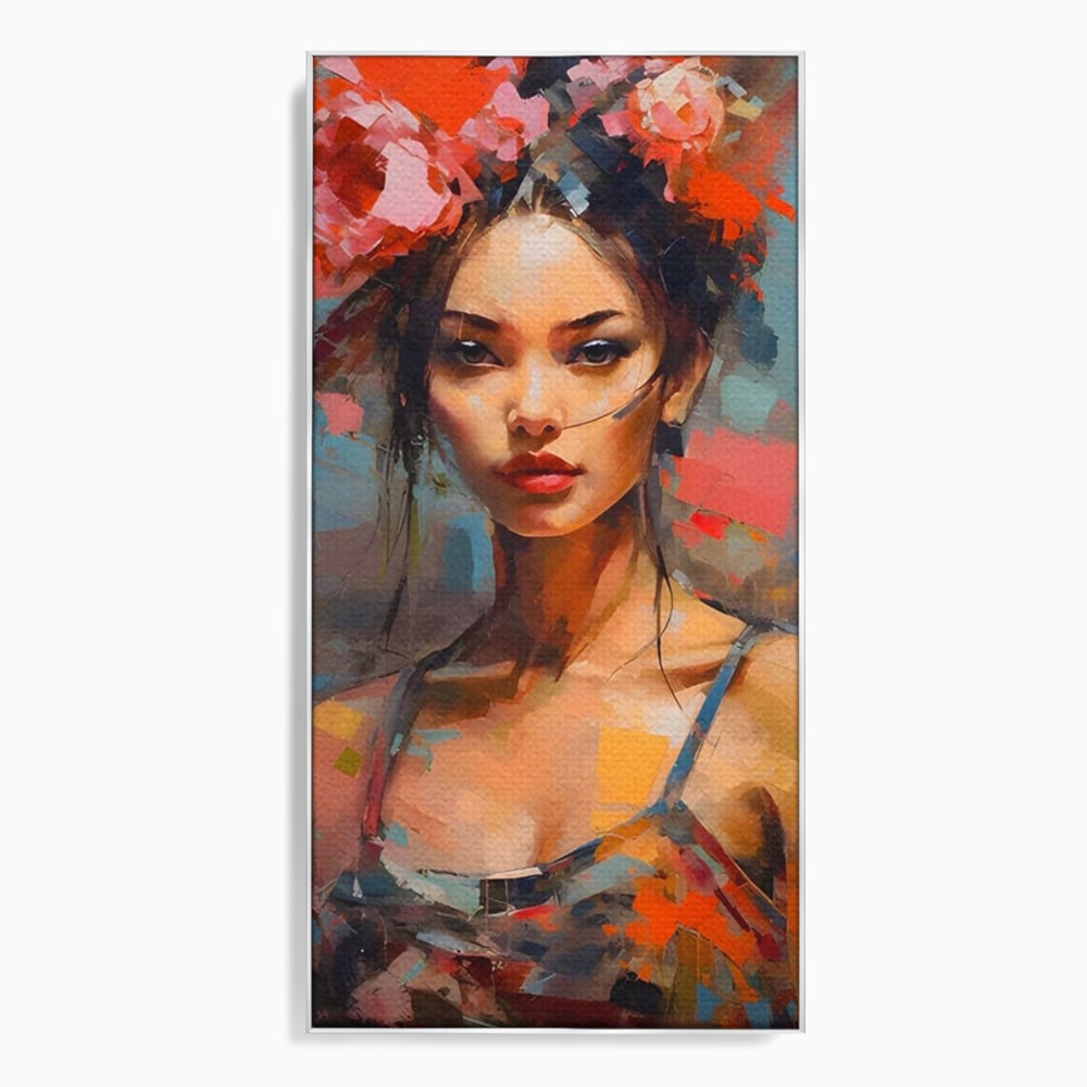 Tablou canvas cu tablou canvas cu portret de femeie, in rama de aluminiu argintiu